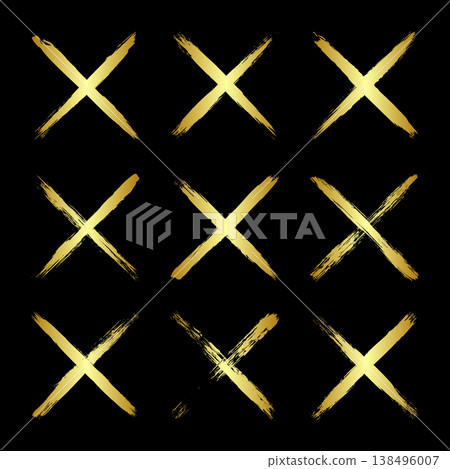 Golden grunge crosses, brush strokes, lines, ink smudges, hand-drawn scribble shapes. Handmade sketchy marks, acrylic stains, charcoal streaks. Paint textures, dry brush effect. Vector illustration 138496007