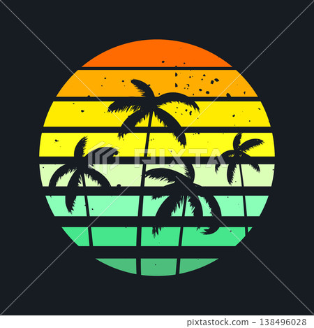 Grunge vintage sunset. Colorful striped sunrise badge in 80s and 90s style. Sun and ocean view, summer vibes, surfing. Design element for print, logo or t-shirt. Vector illustration 138496028