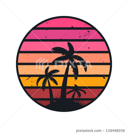 Grunge vintage sunset. Colorful striped sunrise badge in 80s and 90s style. Sun and ocean view, summer vibes, surfing. Design element for print, logo or t-shirt. Vector illustration Grunge vintage sunset. Colorful striped sunrise badge in 80s and 90s style. Sun and ocean view, summer vibes, surfing. Design element for print, logo or t-shirt. Vector illustration 138496030