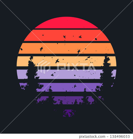 Grunge vintage sunset. Colorful striped sunrise badge in 80s and 90s style. Sun and ocean view, summer vibes, surfing. Design element for print, logo or t-shirt. Vector illustration 138496033