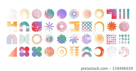Colorful geometric shapes, modern grunge symbols. Simple primitive elements and forms, distressed details. Retro design, aged, vintage, trendy contemporary minimalist style, y2k. Vector illustration Colorful geometric shapes, modern grunge symbols. Simple primitive elements and forms, distressed details. Retro design, aged, vintage, trendy contemporary minimalist style, y2k. Vector illustration 138496039
