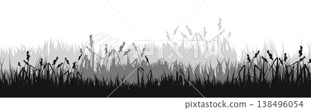 Meadow silhouette with grass, plants on plain. Panoramic summer lawn landscape with herbs, various weeds. Herbal border, frame element. Black horizontal banners. Vector illustration 138496054