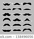 Mustache collection in different styles of moustaches. Hipster, barber, retro, vintage facial hair icons for logo, branding, poster, sticker, fashion, barbershop, design projects. Vector illustration 138496056