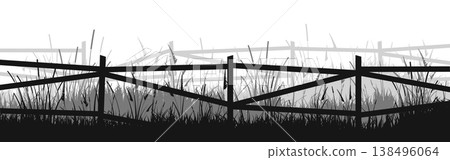 Meadow silhouettes with grass and old wooden fence. Countryside, panoramic summer lawn rural landscape with herbs, weeds. Herbal border, frame element. Black horizontal banners. Vector illustration Meadow silhouettes with grass and old wooden fence. Countryside, panoramic summer lawn rural landscape with herbs, weeds. Herbal border, frame element. Black horizontal banners. Vector illustration 138496064