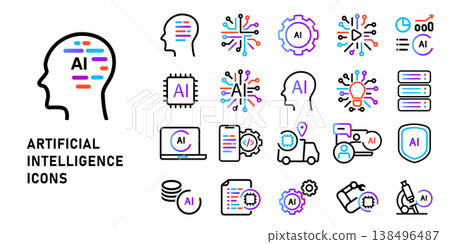 Artificial Intelligence icon set for machine learning and digital technology featuring neural networks and brain symbols with robotic automation vector line art icons future tech Artificial Intelligence icon set for machine learning and digital technology featuring neural networks and brain symbols with robotic automation vector line art icons future tech 138496487
