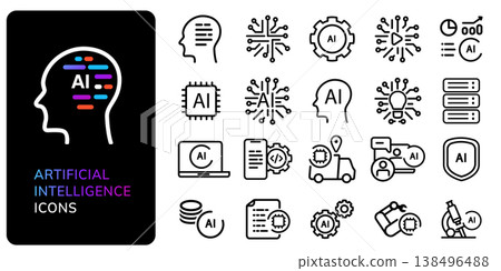 Artificial intelligence line icon set featuring neural networks machine learning robotic process automation data science head circuit boards deep learning Artificial intelligence line icon set featuring neural networks machine learning robotic process automation data science head circuit boards deep learning 138496488