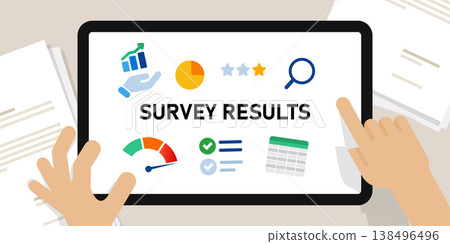 Survey report business data analysis on digital tablet screen showing survey results with professional charts customer satisfaction research Survey report business data analysis on digital tablet screen showing survey results with professional charts customer satisfaction research 138496496