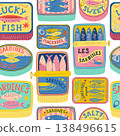 Vector canned sardines seamless pattern. Cute cartoon seafood background. Mediterranean coastal textile design. 138496615