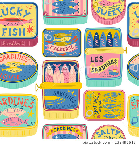 Vector canned sardines seamless pattern. Cute cartoon seafood background. Mediterranean coastal textile design. Vector canned sardines seamless pattern. Cute cartoon seafood background. Mediterranean coastal textile design. 138496615
