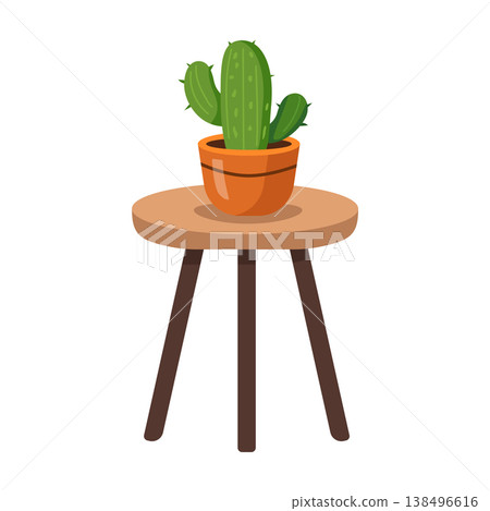 Potted cactus plant on a small wooden tripod stool vector illustration Potted cactus plant on a small wooden tripod stool vector illustration 138496616