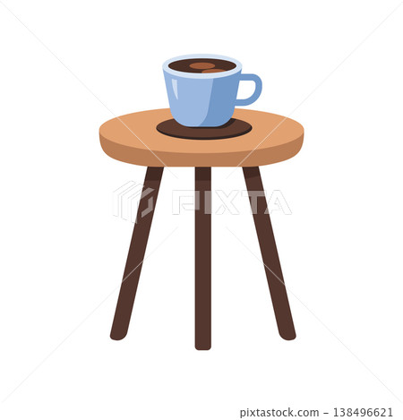 Blue coffee cup on a small wooden tripod stool vector illustration Blue coffee cup on a small wooden tripod stool vector illustration 138496621