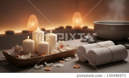 水療主題背景圖片：蠟燭、毛巾、鮮花、暖色調燈光、輕鬆的氣氛。 138496971