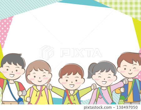 A frame featuring children with backpacks on their backs on a school trip. A frame featuring children with backpacks on their backs on a school trip. 138497050