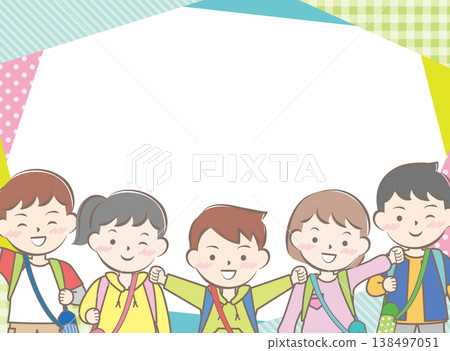 A frame featuring children with backpacks on their backs on a school trip. A frame featuring children with backpacks on their backs on a school trip. 138497051