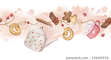 Watercolor seamless tea time border with teapot, cookies and cinnamon garland. Hand drawn cozy autumn kitchen decorative ribbon Watercolor seamless tea time border with teapot, cookies and cinnamon garland. Hand drawn cozy autumn kitchen decorative ribbon 138497678