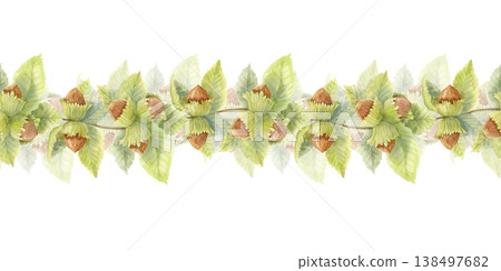 Watercolor seamless hazelnut border with green leaves. Autumn botanical garland. Natural forest decorative ornament illustration Watercolor seamless hazelnut border with green leaves. Autumn botanical garland. Natural forest decorative ornament illustration 138497682