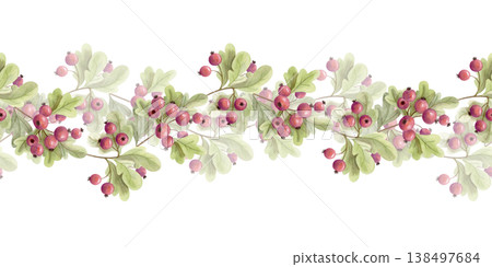 Watercolor seamless berry garland border with autumn leaves and forest fruits. Cozy botanical decorative trim illustration Watercolor seamless berry garland border with autumn leaves and forest fruits. Cozy botanical decorative trim illustration 138497684