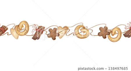 Watercolor seamless border with cookies and cinnamon garland isolated on white. Cozy bakery decorative ornament illustration. Watercolor seamless border with cookies and cinnamon garland isolated on white. Cozy bakery decorative ornament illustration. 138497685