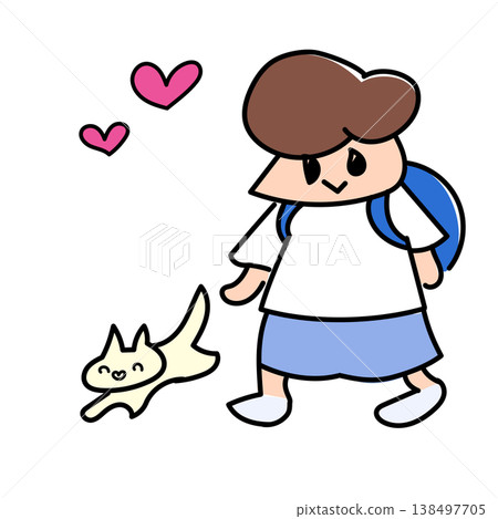 A laid-back elementary school student and a cat leisurely walking to school with their backpacks. A laid-back elementary school student and a cat leisurely walking to school with their backpacks. 138497705