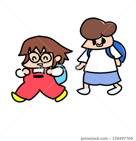 一位悠閒的小學生背著書包,和她戴眼鏡的朋友一起悠閒地走向學校。 一位悠閒的小學生背著書包,和她戴眼鏡的朋友一起悠閒地走向學校。 138497709