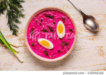 Cold summer soup of beets, yogurt, cucumbers, eggs and dill. 138498108