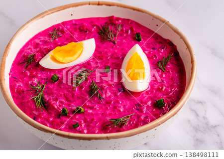 Cold summer soup of beets, yogurt, cucumbers, eggs and dill. Cold summer soup of beets, yogurt, cucumbers, eggs and dill. 138498111