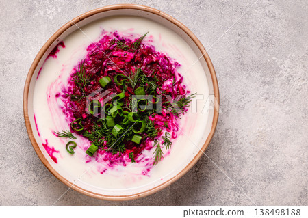 Cold summer soup of beets, kefir, cucumbers, eggs and dill. 138498188