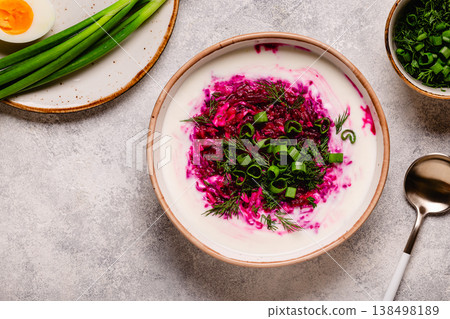 Cold summer soup of beets, kefir, cucumbers, eggs and dill. Cold summer soup of beets, kefir, cucumbers, eggs and dill. 138498189
