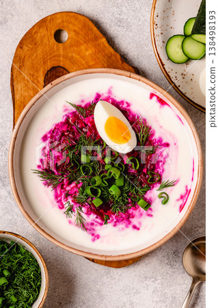 Cold summer soup of beets, kefir, cucumbers, eggs and dill. Cold summer soup of beets, kefir, cucumbers, eggs and dill. 138498193