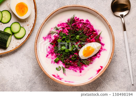 Cold summer soup of beets, kefir, cucumbers, eggs and dill. 138498194