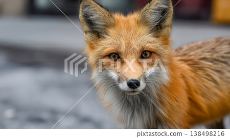 Close-up view of a fox near concrete surface with blurred background during daytime hours Close-up view of a fox near concrete surface with blurred background during daytime hours 138498216
