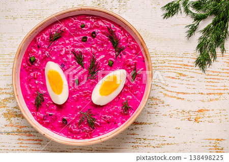 Cold summer soup of beets, yogurt, cucumbers, eggs and dill. Cold summer soup of beets, yogurt, cucumbers, eggs and dill. 138498225