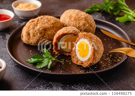 Traditional Scotch Eggs on a black plate. Traditional Scotch Eggs on a black plate. 138498275