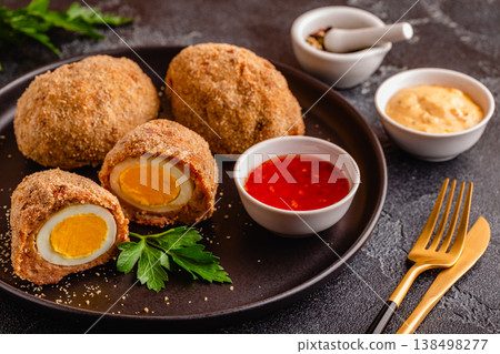 Traditional Scotch Eggs on a black plate. 138498277