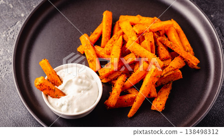 Sweet potato fries with blue cheese sauce. Sweet potato fries with blue cheese sauce. 138498312