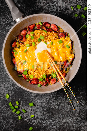 Korean style instant noodle, Shin Ramyeon with sausages Korean style instant noodle, Shin Ramyeon with sausages 138498349