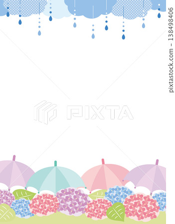 雨季雨天，繡球花和雨傘的畫面（直版）。 138498406