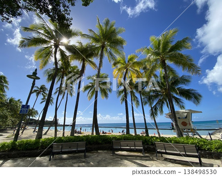 夏威夷海灘景色,棕櫚樹搖曳,碧海藍天。 夏威夷海灘景色,棕櫚樹搖曳,碧海藍天。 138498530