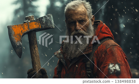 Elderly lumberjack with axe in snowy forest, rugged outdoor lifestyle 138498838
