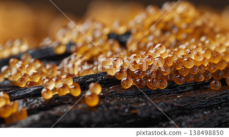Fresh golden caviar close-up on black surface, luxury gourmet food 138498850