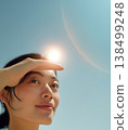 A young woman's profile as she shields herself from the sun, symbolizing summer UV protection and beautiful skin. 138499248