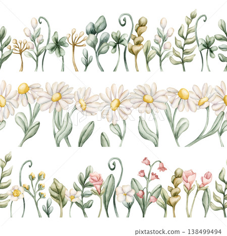 Cute Meadow Flowers Plants Seamless Border Set. Wildflowers Watercolor summer spring floral illustration hand painted isolated on white background for nursery baby kids design fresh prints textile Cute Meadow Flowers Plants Seamless Border Set. Wildflowers Watercolor summer spring floral illustration hand painted isolated on white background for nursery baby kids design fresh prints textile 138499494