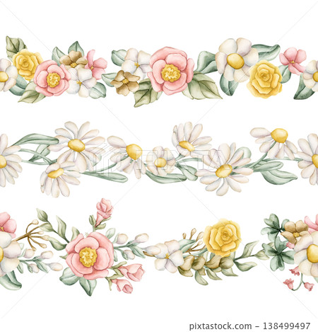Cute Colourful Meadow Flowers Seamless Border Set. Wildflowers Watercolor summer spring bloom floral illustration hand painted isolated on white background for nursery baby kids design fresh textile Cute Colourful Meadow Flowers Seamless Border Set. Wildflowers Watercolor summer spring bloom floral illustration hand painted isolated on white background for nursery baby kids design fresh textile 138499497