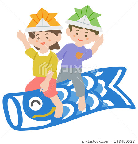 一個女孩和一個男孩騎在鯉魚飄帶上 一個女孩和一個男孩騎在鯉魚飄帶上 138499528