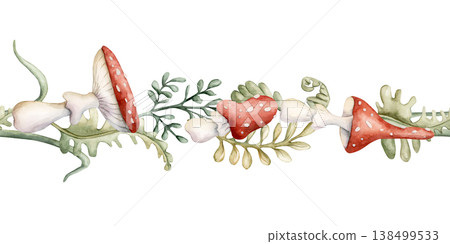 Cute Fly Agaric Mushrooms Fern Seamless Border. Watercolor summer floral forest illustration hand painted isolated on white background nursery baby kids design fresh whimsical prints mystery textile 138499533
