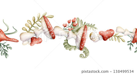 Cute Fly Agaric Mushrooms Fern Seamless Border. Watercolor summer floral forest illustration hand painted isolated on white background nursery baby kids design fresh whimsical prints mystery textile 138499534