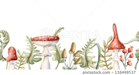 Cute Fly Agaric Mushrooms Fern Seamless Border. Watercolor summer floral forest illustration hand painted isolated on white background nursery baby kids design fresh whimsical prints mystery textile Cute Fly Agaric Mushrooms Fern Seamless Border. Watercolor summer floral forest illustration hand painted isolated on white background nursery baby kids design fresh whimsical prints mystery textile 138499537