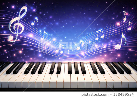 奇幻的宇宙背景，鋼琴鍵上舞動的音符－一幅音樂畫面。標籤： 138499554