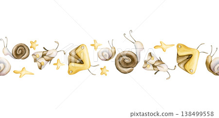 Cute insects Seamless Border. Snails Butterfly Moth Watercolor illustration hand painted isolated on white background for nursery baby kids design spring summer card forest fabric textile fresh prints 138499558