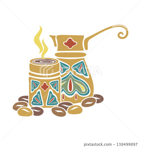 Turkish coffee cezve, traditional cup, roasted beans Arabica. Hand drawn vector illustration flat. For cookbooks designs magazines oriental coffee houses and dishware, postcards banners clip arts. Turkish coffee cezve, traditional cup, roasted beans Arabica. Hand drawn vector illustration flat. For cookbooks designs magazines oriental coffee houses and dishware, postcards banners clip arts. 138499897